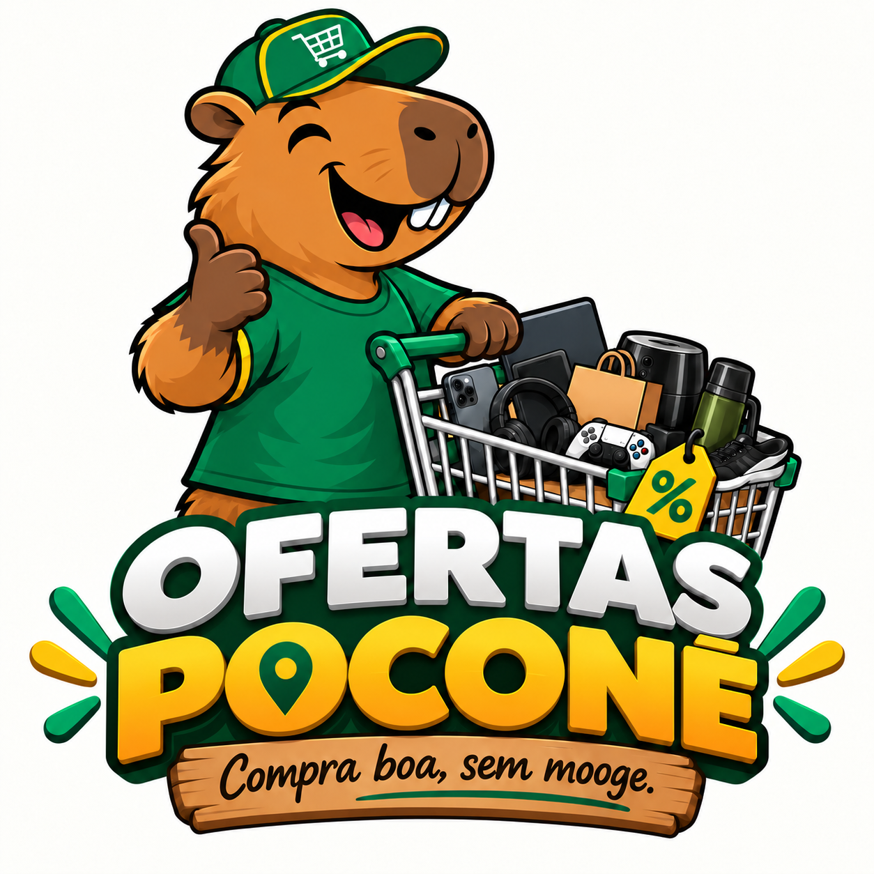 Ofertas Poconé: capivara com boné verde e carrinho de compras. Compra boa, sem moage.